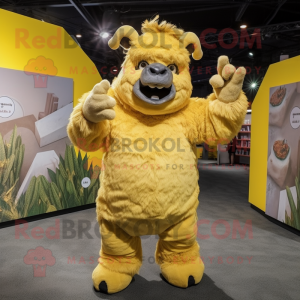 Lemon Yellow Woolly Rhinoceros mascot costume character dressed with a Cargo Shorts and Gloves