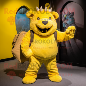 Lemon Yellow Woolly Rhinoceros mascot costume character dressed with a Cargo Shorts and Gloves