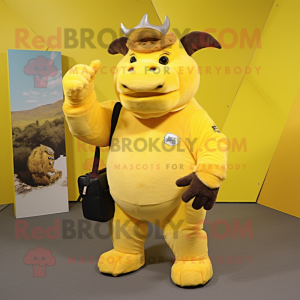 Lemon Yellow Woolly Rhinoceros mascot costume character dressed with a Cargo Shorts and Gloves