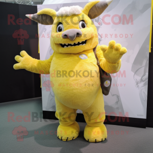 Lemon Yellow Woolly Rhinoceros mascot costume character dressed with a Cargo Shorts and Gloves