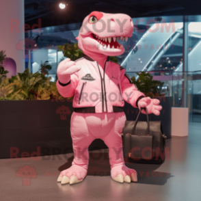 Pink Allosaurus mascot costume character dressed with a Bomber Jacket and Handbags