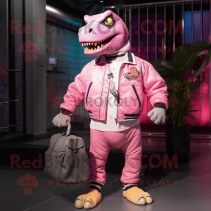 Pink Allosaurus mascot costume character dressed with a Bomber Jacket and Handbags