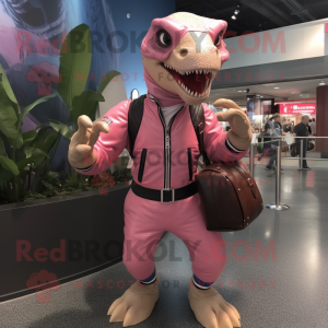 Pink Allosaurus mascot costume character dressed with a Bomber Jacket and Handbags