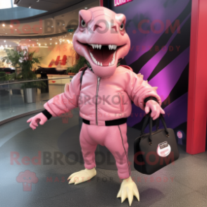 Pink Allosaurus mascot costume character dressed with a Bomber Jacket and Handbags