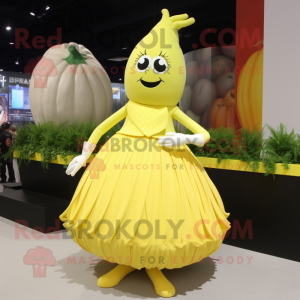 Lemon Yellow Onion mascot costume character dressed with a Empire Waist Dress and Shoe laces