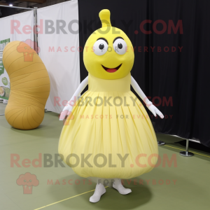 Lemon Yellow Onion mascot costume character dressed with a Empire Waist Dress and Shoe laces