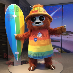 Rust Rainbow mascot costume character dressed with a Board Shorts and Hairpins