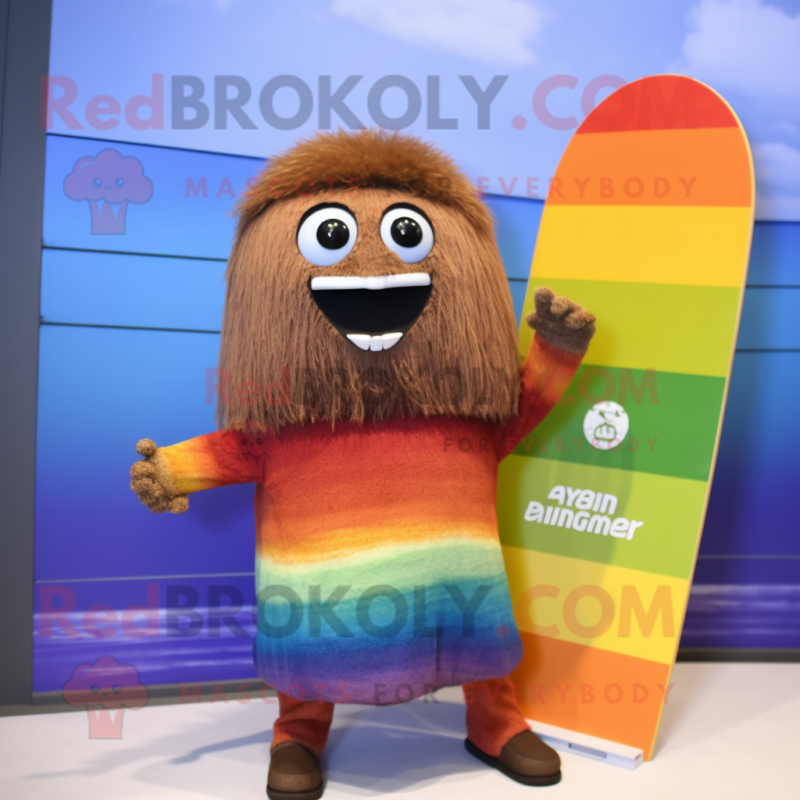 Rust Rainbow mascot costume character dressed with a Board Shorts and Hairpins Rust Rainbow mascot costume character dressed with a Board Shorts and Hairpins