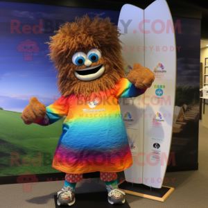 Rust Rainbow mascot costume character dressed with a Board Shorts and Hairpins