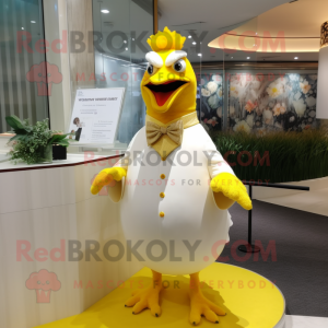 Yellow Quail mascot costume character dressed with a Wedding Dress and Cufflinks