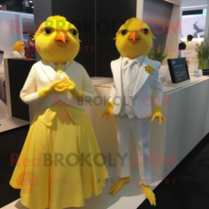 Yellow Quail mascot costume character dressed with a Wedding Dress and Cufflinks