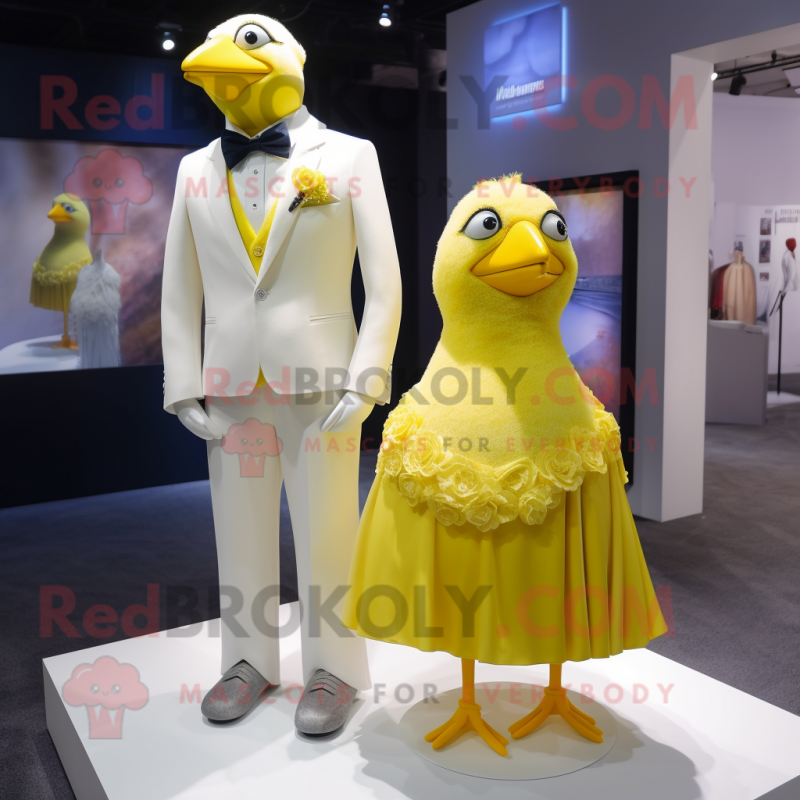 Yellow Quail mascot costume character dressed with a Wedding Dress and Cufflinks