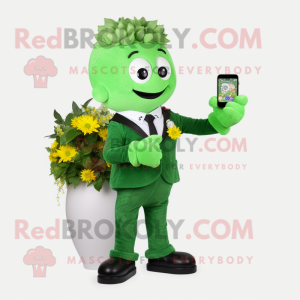 Green Bouquet Of Flowers mascot costume character dressed with a Suit and Smartwatches