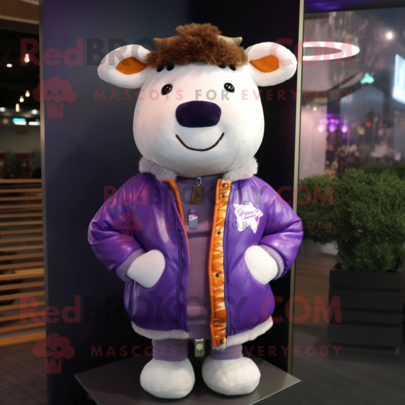 Lavender Beef Wellington mascot costume character dressed with a Bomber Jacket and Scarves