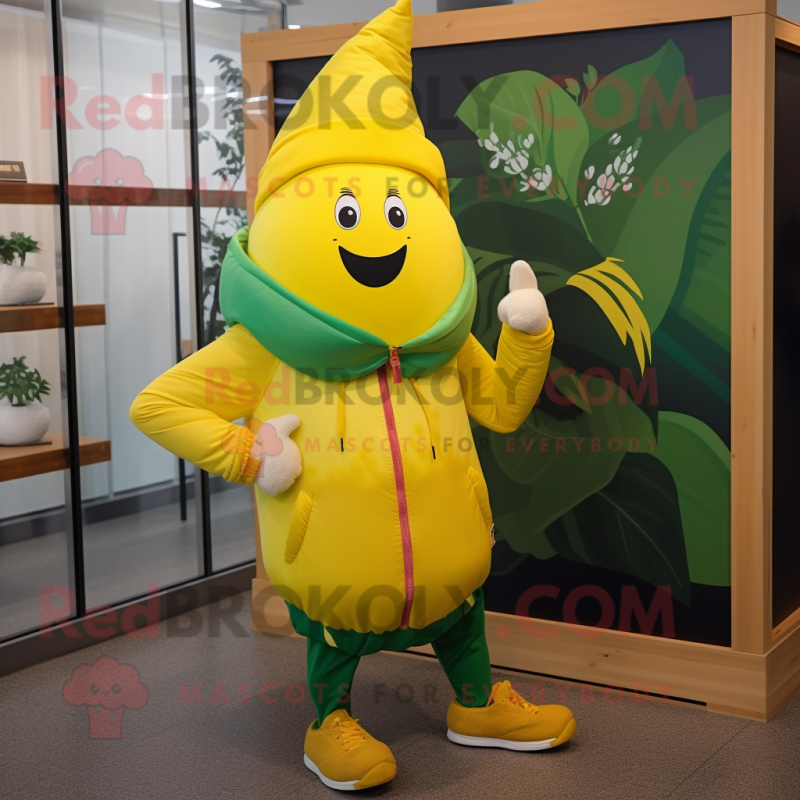 Yellow Beet mascot costume character dressed with a Windbreaker and Caps Yellow Beet mascot costume character dressed with a Windbreaker and Caps
