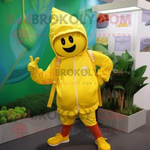 Yellow Beet mascot costume character dressed with a Windbreaker and Caps