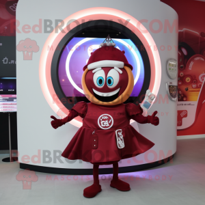 Maroon Gyro mascot costume character dressed with a Mini Skirt and Digital watches