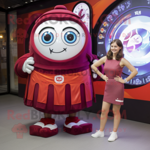 Maroon Gyro mascot costume character dressed with a Mini Skirt and Digital watches