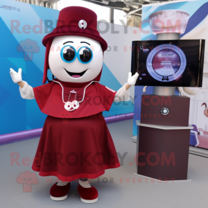 Maroon Gyro mascot costume character dressed with a Mini Skirt and Digital watches
