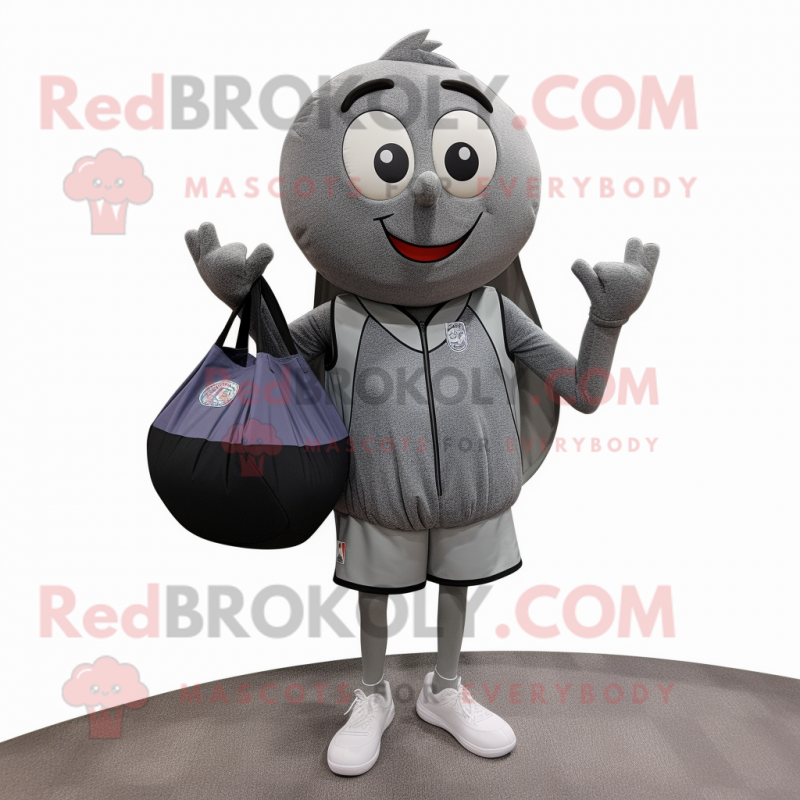 Gray Basketball Ball mascot costume character dressed with a Cardigan and Messenger bags