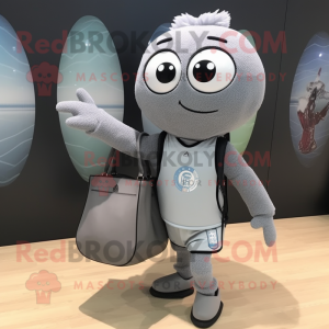 Gray Basketball Ball mascot costume character dressed with a Cardigan and Messenger bags