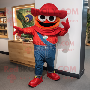 Red Fajitas mascot costume character dressed with a Denim Shorts and Cufflinks