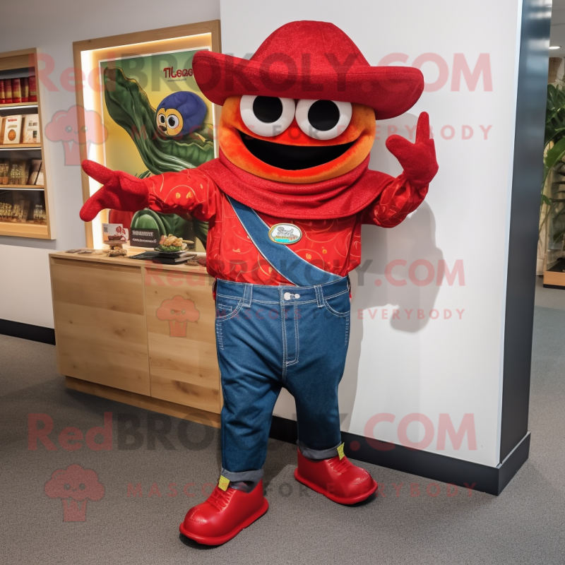 Red Fajitas mascot costume character dressed with a Denim Shorts and Cufflinks Red Fajitas mascot costume character dressed with a Denim Shorts and Cufflinks