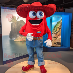 Red Fajitas mascot costume character dressed with a Denim Shorts and Cufflinks