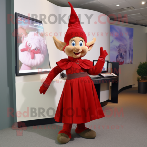 Red Elf mascot costume character dressed with a Maxi Skirt and Shoe clips