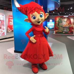 Red Elf mascot costume character dressed with a Maxi Skirt and Shoe clips