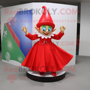 Red Elf mascot costume character dressed with a Maxi Skirt and Shoe clips