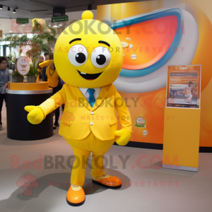 Lemon Yellow Orange mascot costume character dressed with a Suit Jacket and Watches