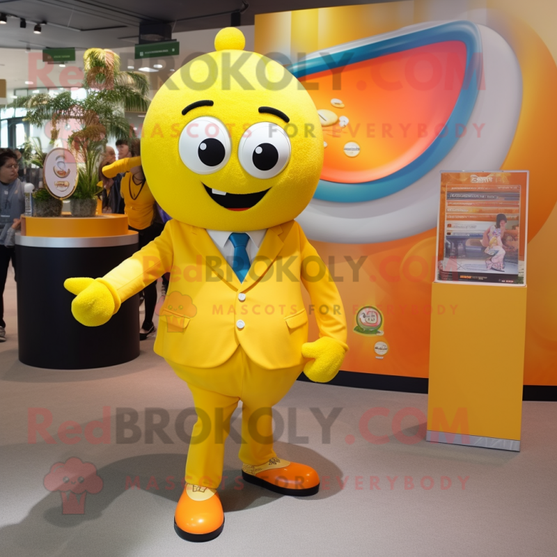 Lemon Yellow Orange mascot costume character dressed with a Suit Jacket and Watches Lemon Yellow Orange mascot costume character dressed with a Suit Jacket and Watches