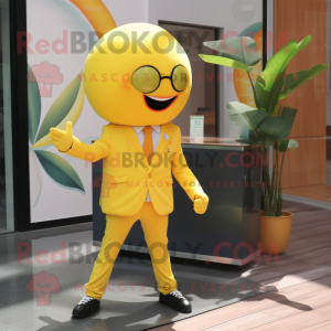 Lemon Yellow Orange mascot costume character dressed with a Suit Jacket and Watches