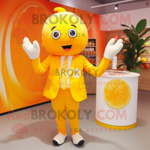 Lemon Yellow Orange mascot costume character dressed with a Suit Jacket and Watches