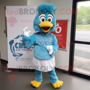 Sky Blue Chicken Parmesan mascot costume character dressed with a Rash Guard and Cummerbunds