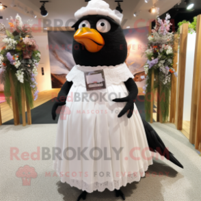 nan Blackbird mascot costume character dressed with a Wedding Dress and Backpacks