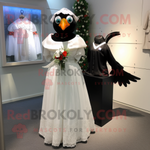 nan Blackbird mascot costume character dressed with a Wedding Dress and Backpacks