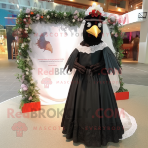 nan Blackbird mascot costume character dressed with a Wedding Dress and Backpacks