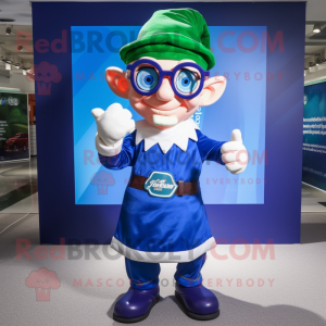 Blue Leprechaun mascot costume character dressed with a Polo Tee and Eyeglasses