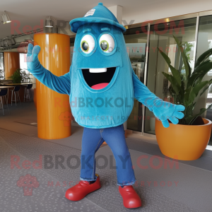 Turquoise Shakshuka mascot costume character dressed with a Bootcut Jeans and Bracelets