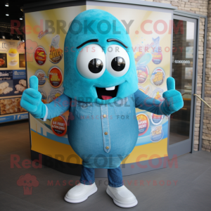 Turquoise Shakshuka mascot costume character dressed with a Bootcut Jeans and Bracelets