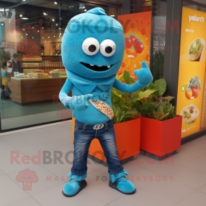 Turquoise Shakshuka mascot costume character dressed with a Bootcut Jeans and Bracelets