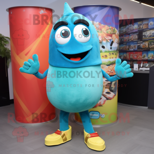 Turquoise Shakshuka mascot costume character dressed with a Bootcut Jeans and Bracelets