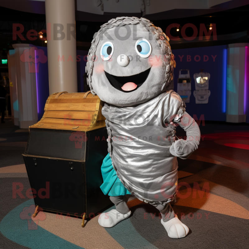 Silver Treasure Chest mascot costume character dressed with a Yoga Pants and Scarves
