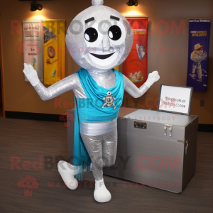 Silver Treasure Chest mascot costume character dressed with a Yoga Pants and Scarves