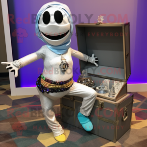 Silver Treasure Chest mascot costume character dressed with a Yoga Pants and Scarves