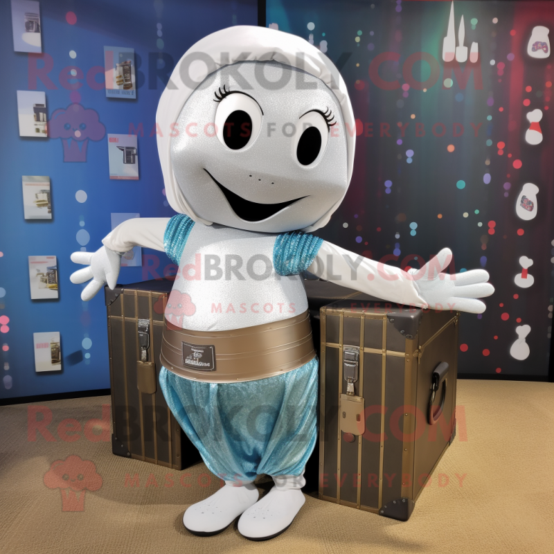 Silver Treasure Chest mascot costume character dressed with a Yoga Pants and Scarves Silver Treasure Chest mascot costume character dressed with a Yoga Pants and Scarves