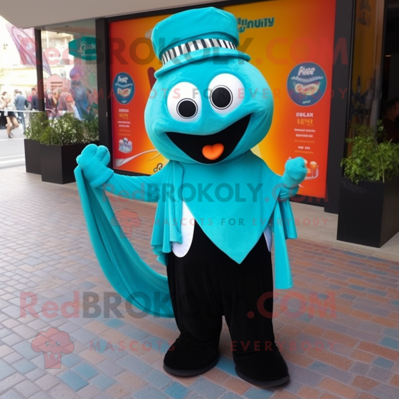 Turquoise Paella mascot costume character dressed with a Tuxedo and Shawls Turquoise Paella mascot costume character dressed with a Tuxedo and Shawls