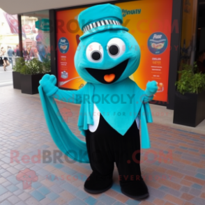 Turquoise Paella mascot costume character dressed with a Tuxedo and Shawls